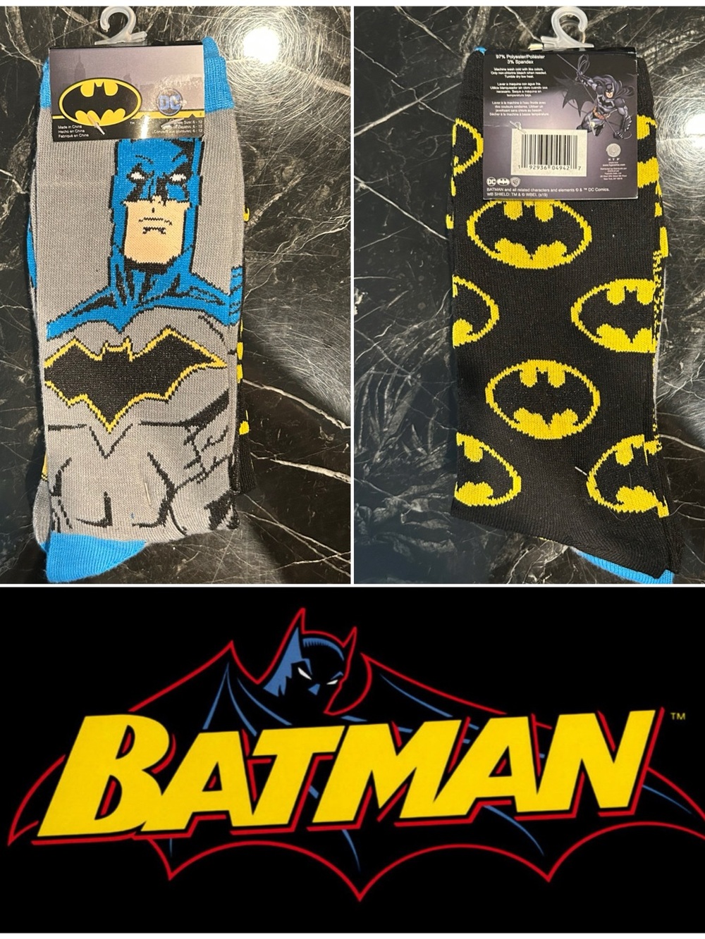 DC Comics Batman Grey & Blue Crew Socks with Yellow Logo